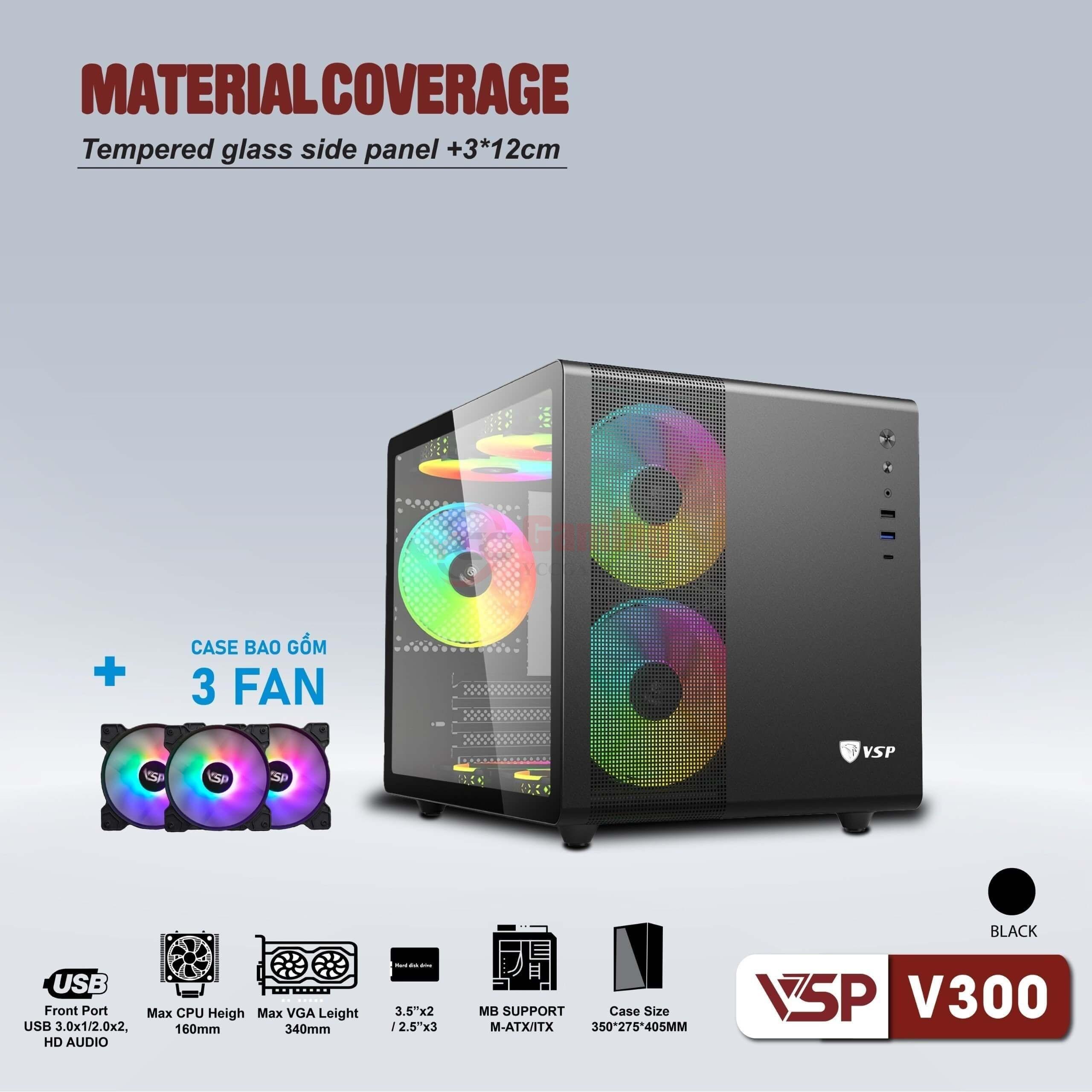 Case VSP V300 Kèm 3 Fan LED (mATX, Đen)