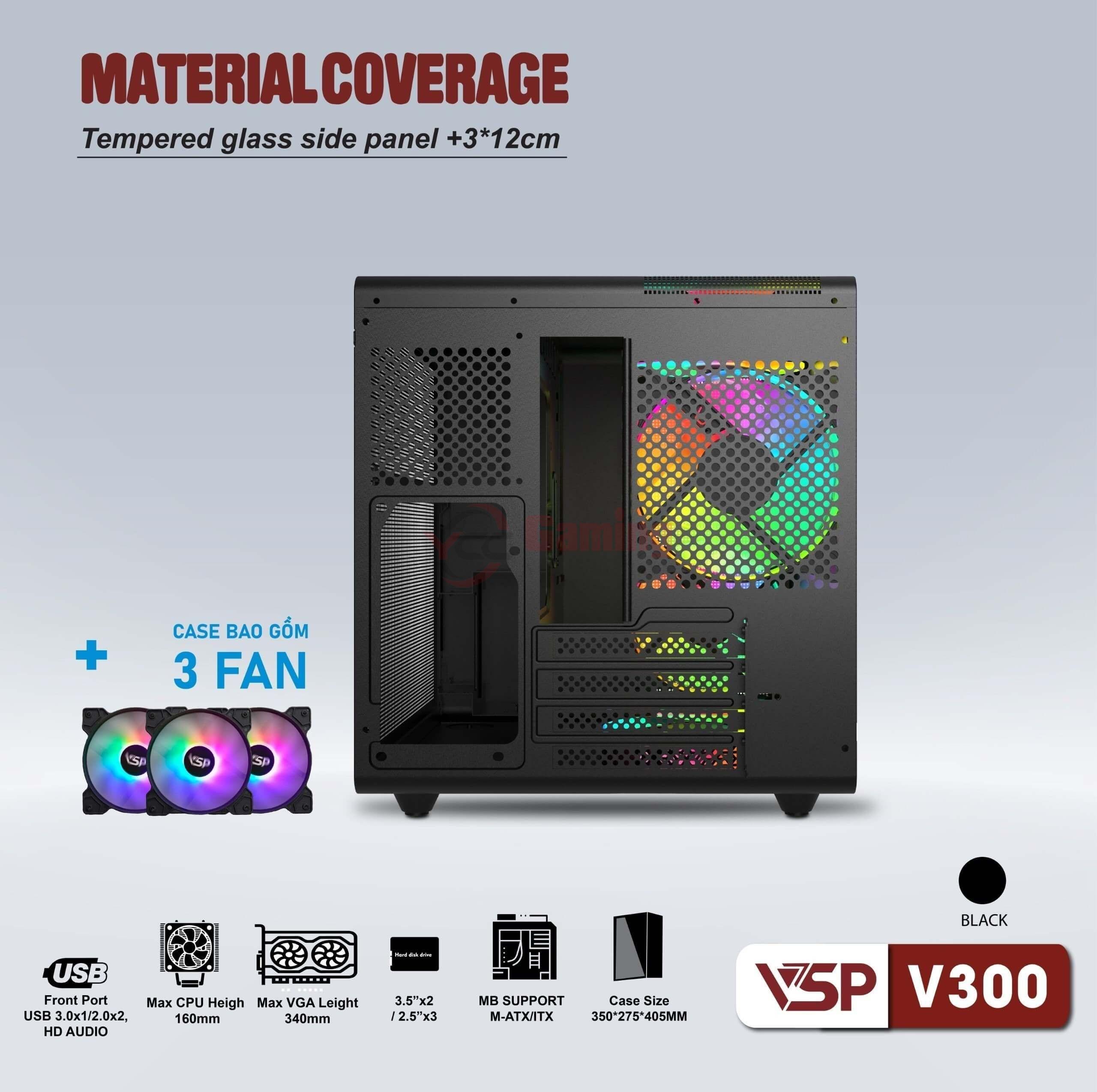 Case VSP V300 Kèm 3 Fan LED (mATX, Đen) - Ảnh 2