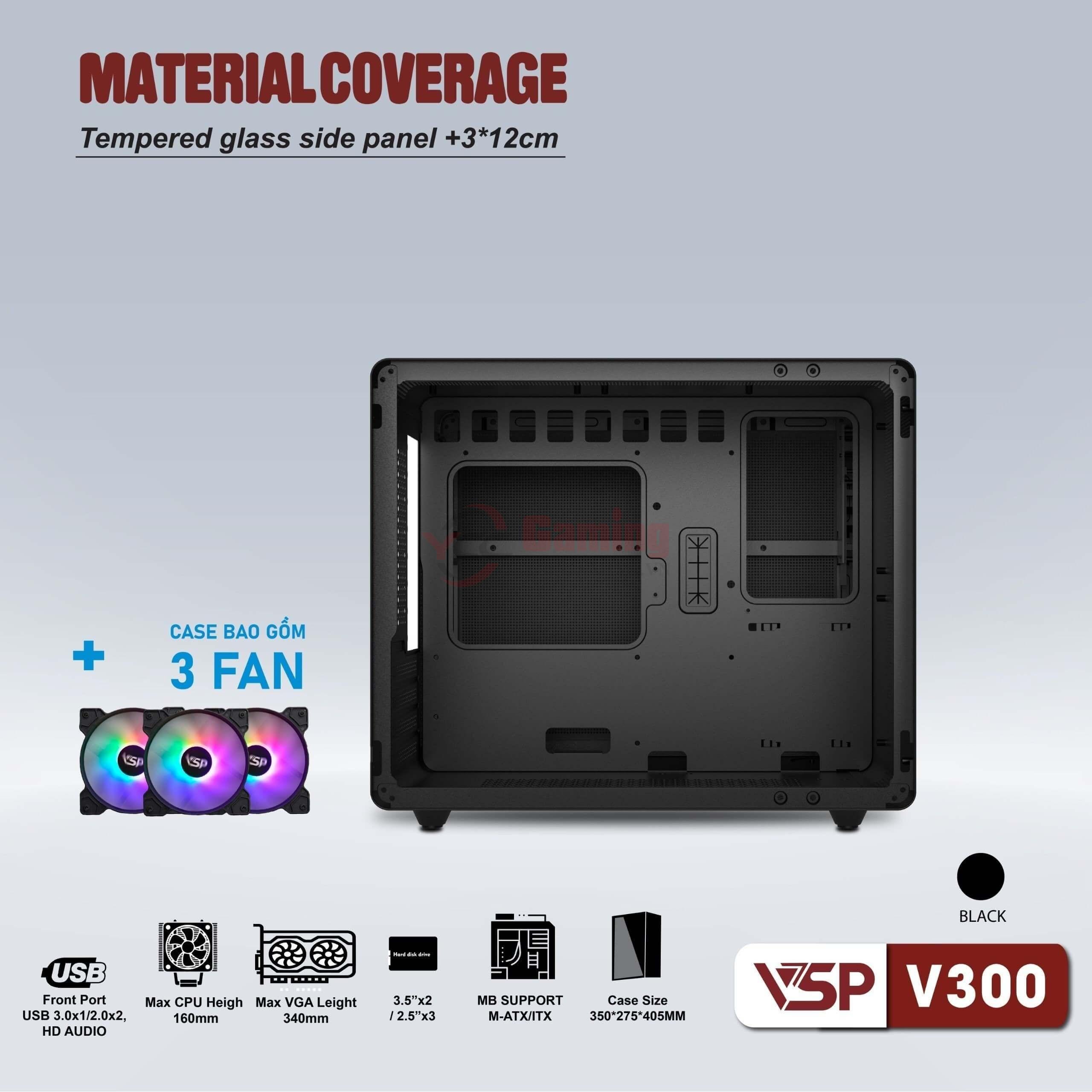 Case VSP V300 Kèm 3 Fan LED (mATX, Đen) - Ảnh 3