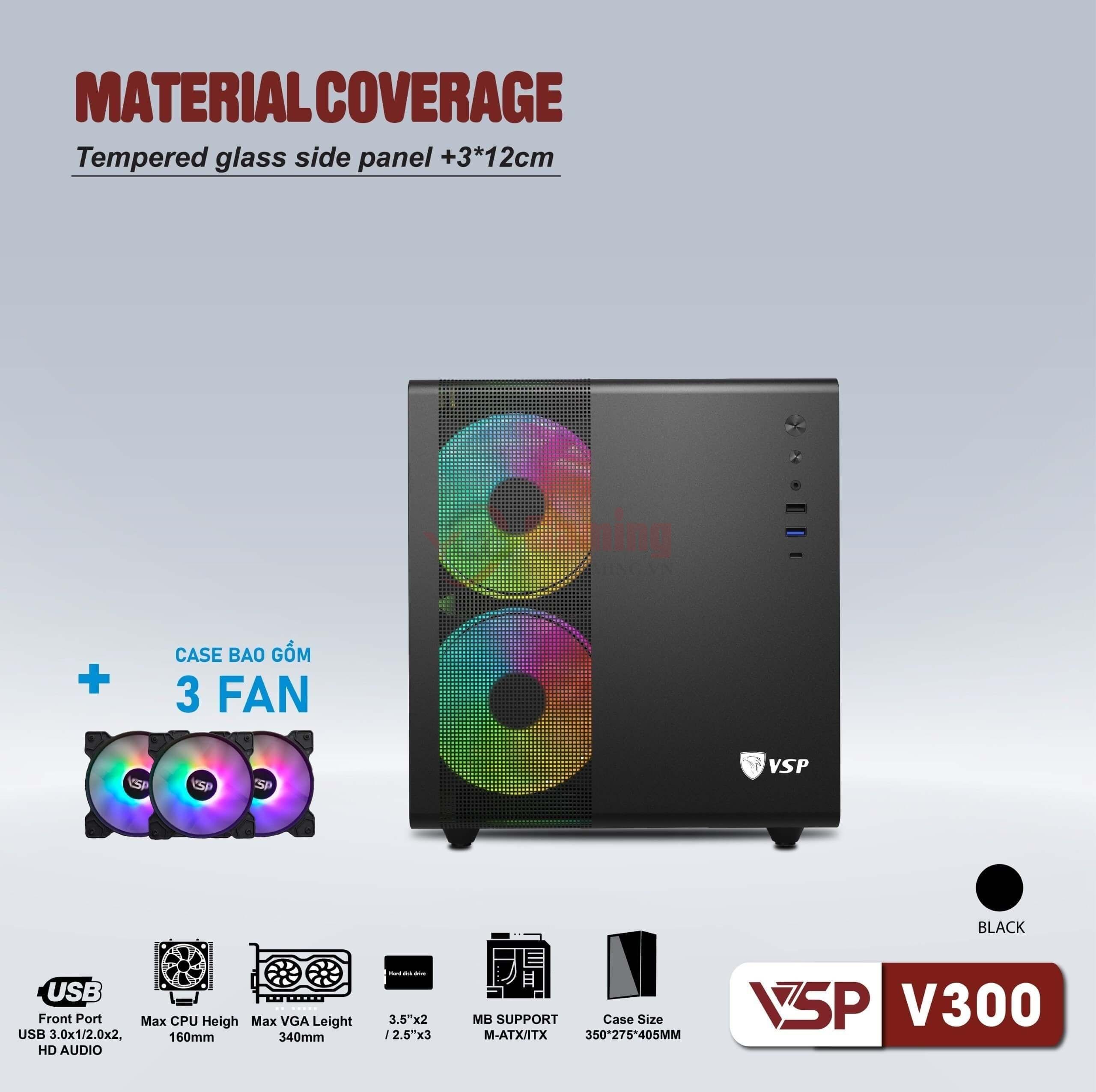 Case VSP V300 Kèm 3 Fan LED (mATX, Đen) - Ảnh 4