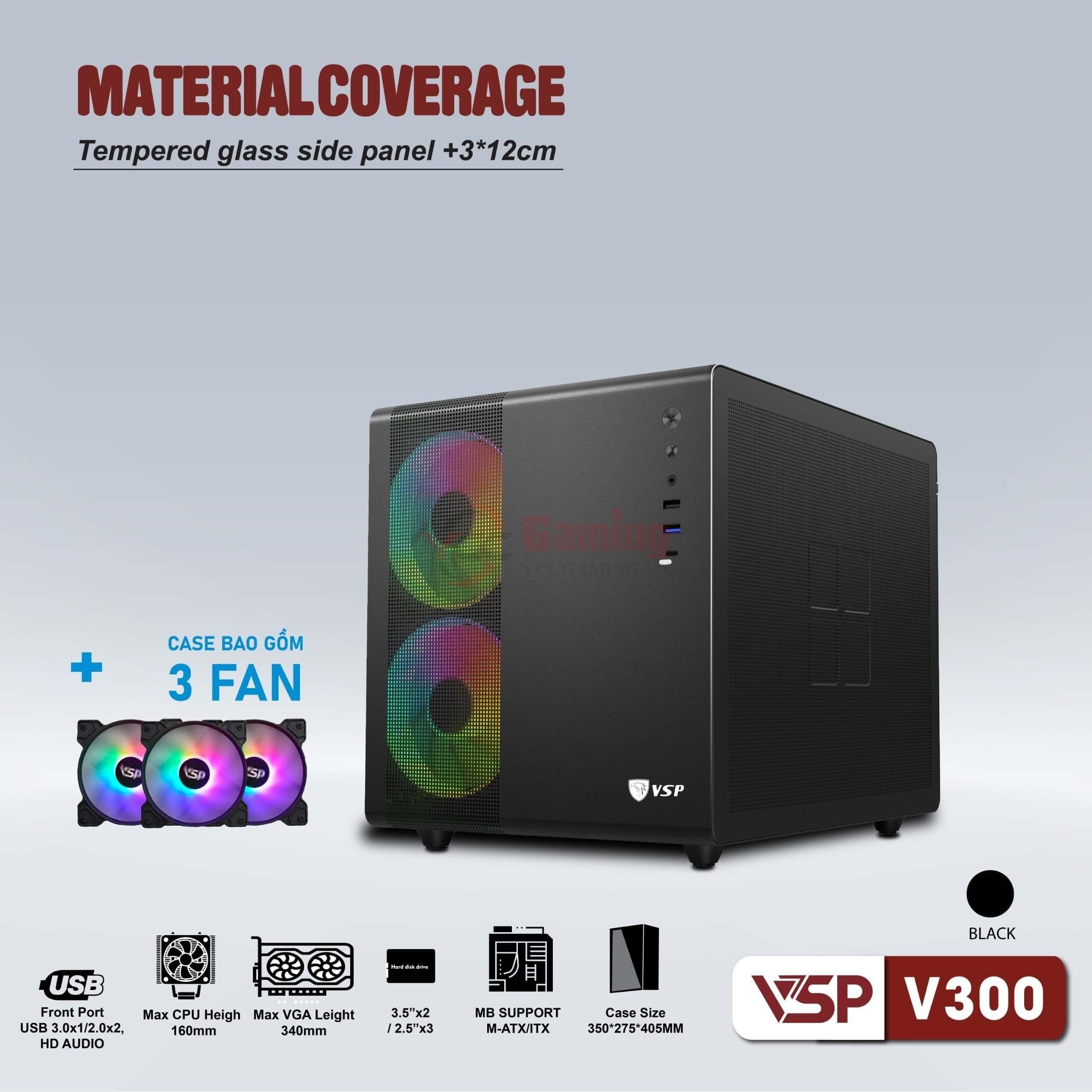 Case VSP V300 Kèm 3 Fan LED (mATX, Đen) - Ảnh 5
